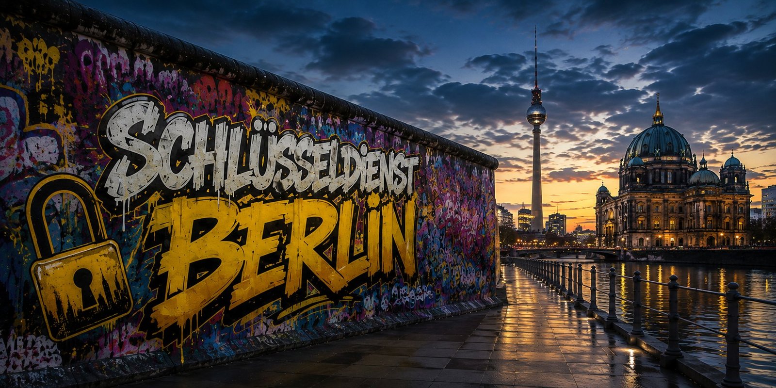 Berlin am Abend mit Schlüsseldienst-Graffiti
